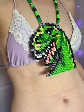 Green and Black Pixelated Dinosaur Pendant kawaii festival perler handmade roar